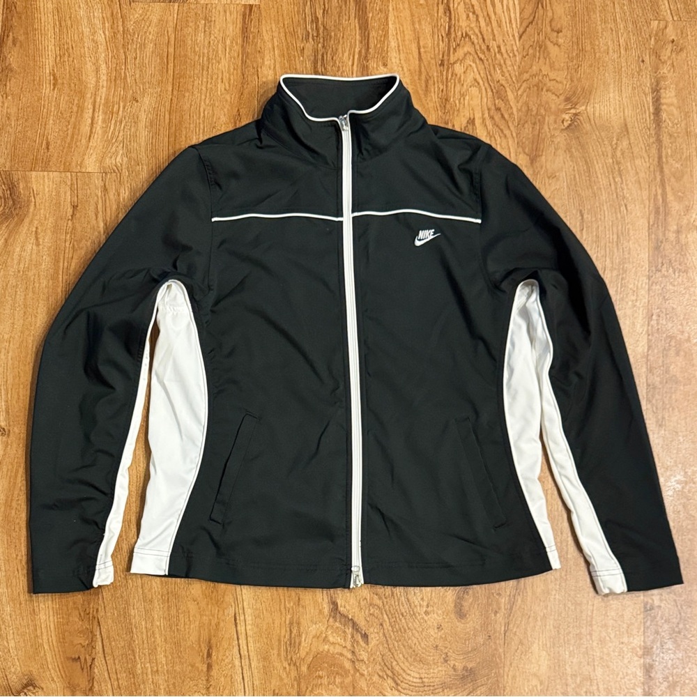 Vintage Y2K NIKE Fit Dry Track Jacket Womens L Black Full Zip Spell Out Logo